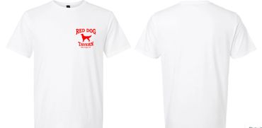 White T-shirt with red "Red Dog Tavern" logo on front pocket area.
