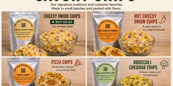 Freeze-dried chips in four flavors: cheesy onion, hot cheesy onion, pizza, and broccoli cheddar.