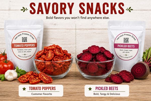Freeze-dried tomato poppers and pickled beets savory snacks packed with bold flavors.