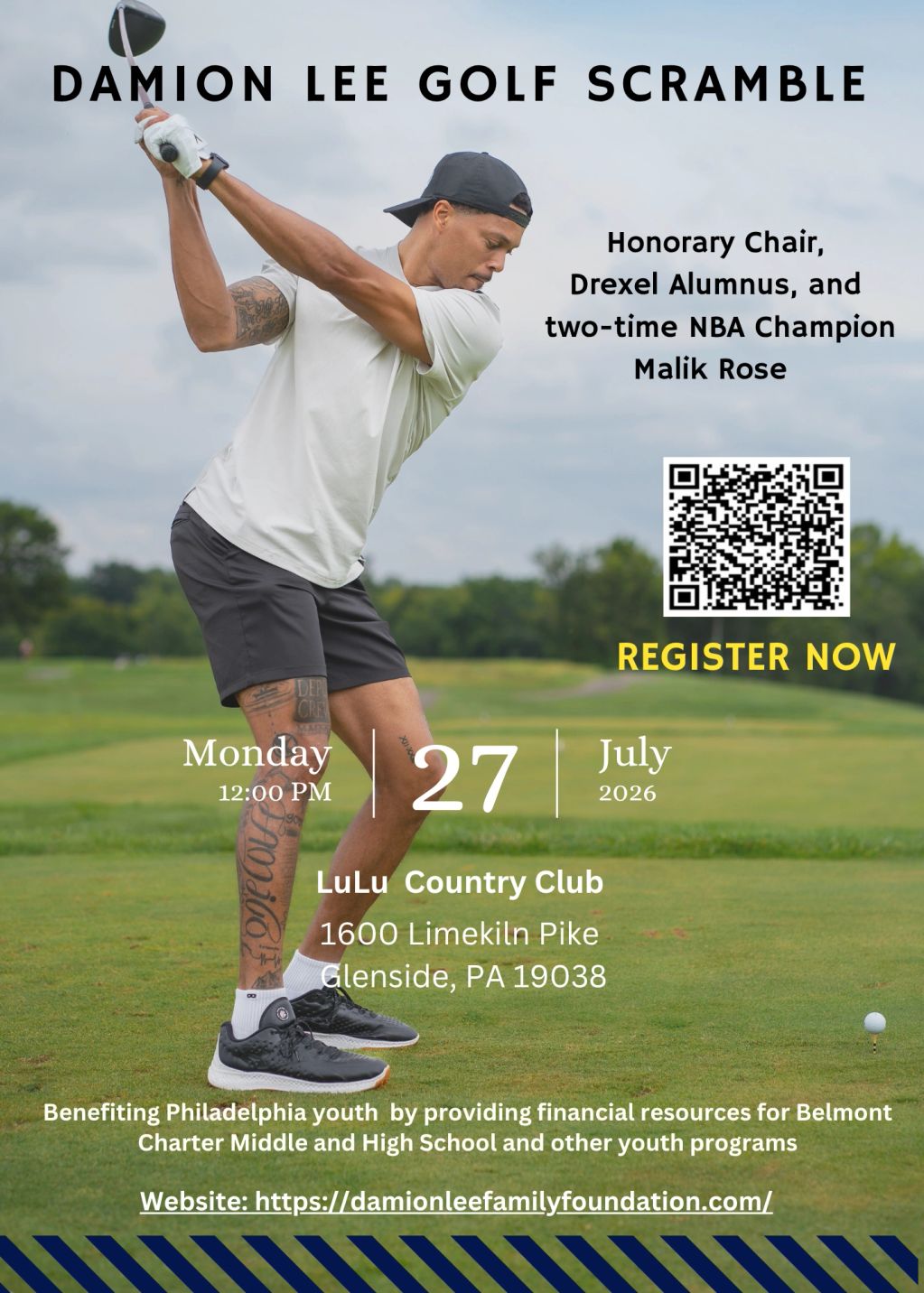 Man playing golf promoting Damion Lee Golf Scramble event on July 27, 2026.