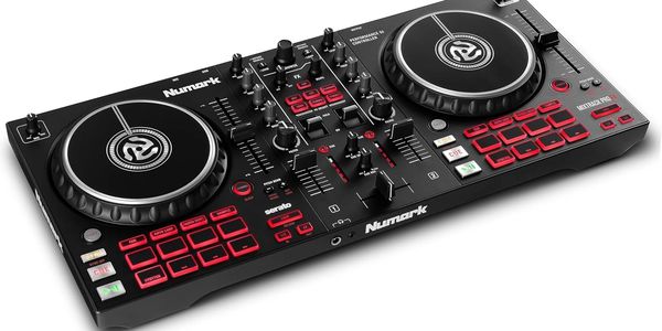 A Numark DJ controller with dual jog wheels and red backlit buttons.