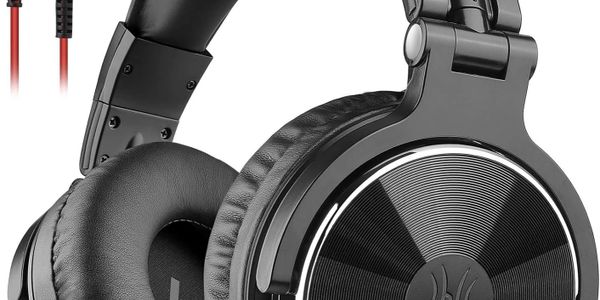 Close-up of black over-ear headphones with silver accents and red cable.