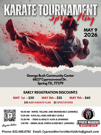 Flyer for a Karate Tournament Spring Fling on May 9, 2026, at George Bush Community Center.