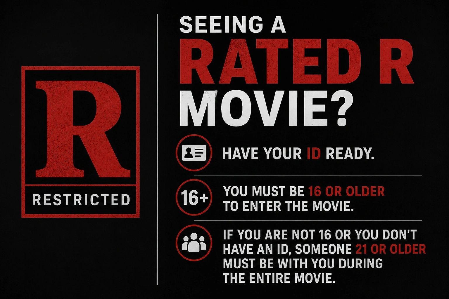 Guidelines for watching an R-rated movie, including age and ID requirements.