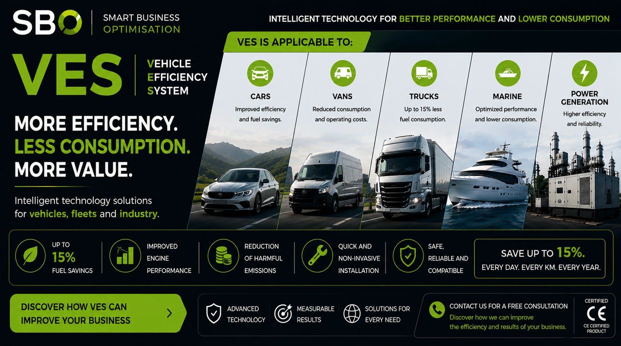 Infographic on VES technology boosting vehicle efficiency and reducing consumption across various sectors.