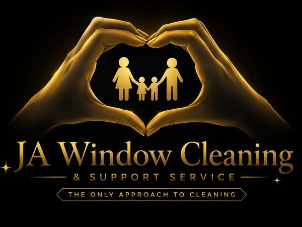 Golden hands forming a heart around a family icon for JA Window Cleaning logo.