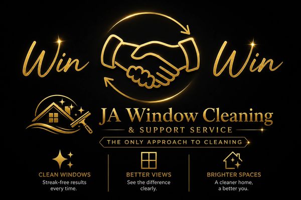 Elegant golden logo for JA Window Cleaning with handshake symbol and slogan.