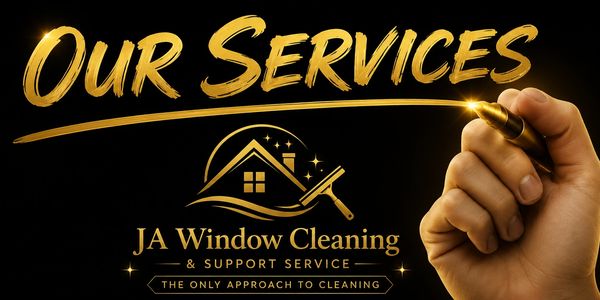 Golden text highlighting JA Window Cleaning services with a hand drawing a line.