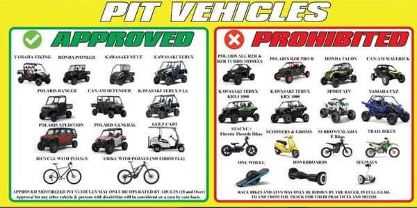 Chart showing approved and prohibited pit vehicles for racing events.