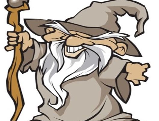 Cartoon wizard with a long white beard and staff, smiling broadly.