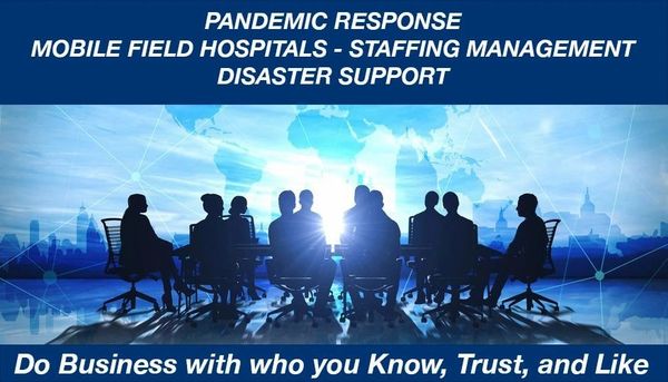 Business meeting discussing pandemic response and disaster support strategies.