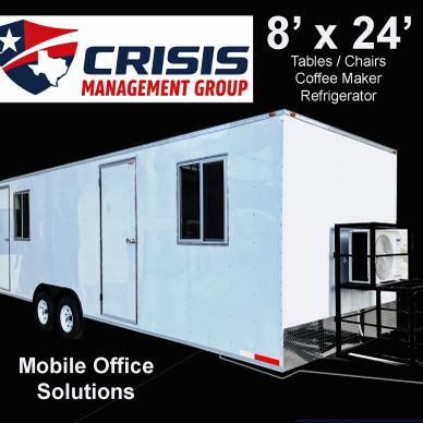 Mobile office trailer with amenities by Crisis Management Group.