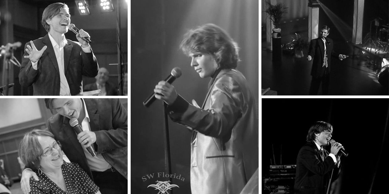 Collage of a male singer performing and interacting with audience.