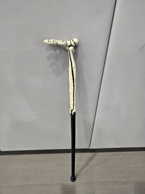 A walking cane with a handle shaped like a skeletal foot and leg.