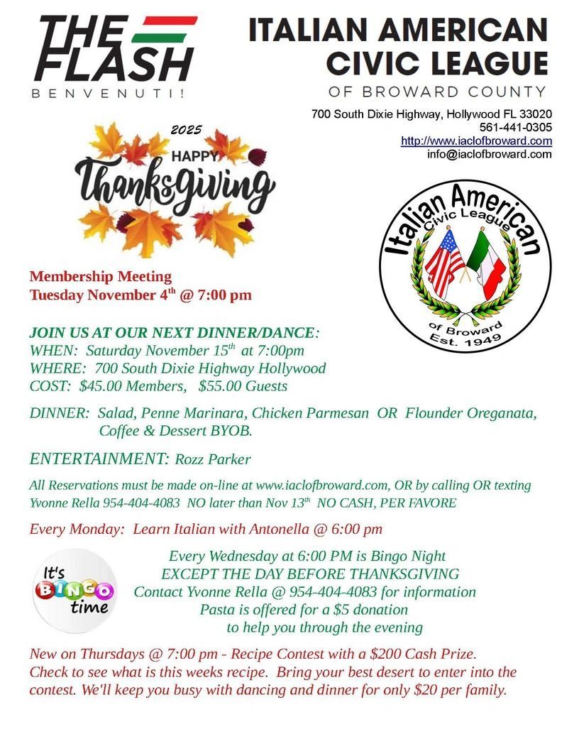 Italian American Civic League's Thanksgiving meeting and dinner/dance event details.