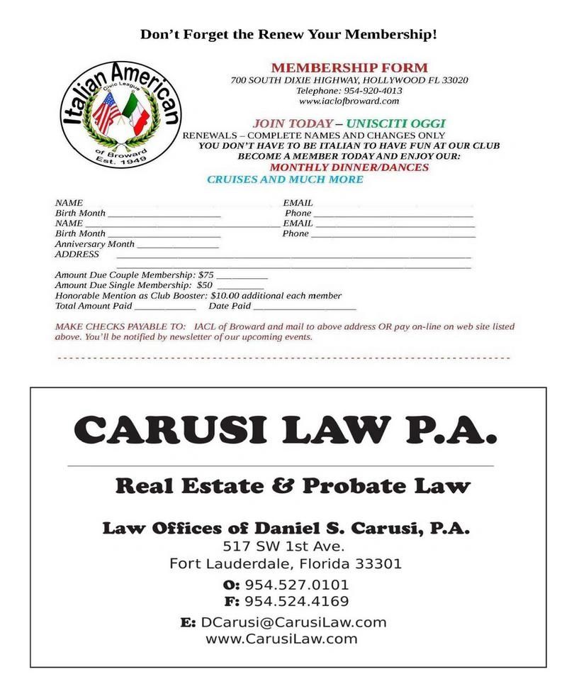 Italian American club membership form and Carusi Law advertisement in Florida.