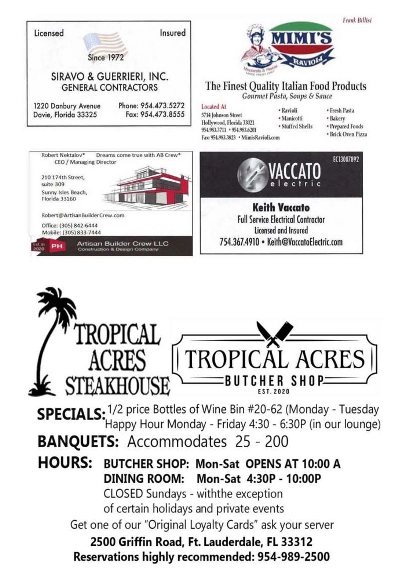 Business cards and ad for Tropical Acres Steakhouse and Butcher Shop with contact details and specials.
