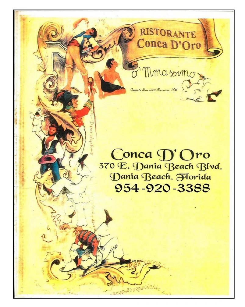 Vintage menu cover for Ristorante Conca D'Oro with artistic illustrations and contact details.