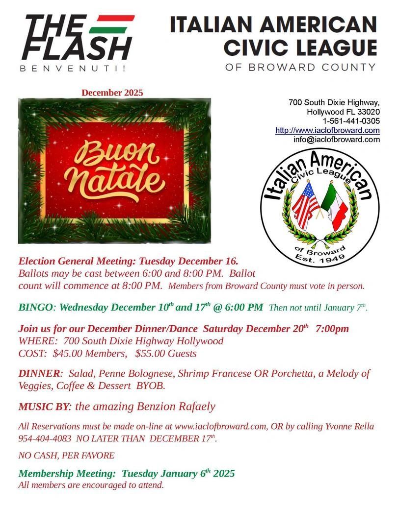 Italian American Civic League December 2025 events and meetings flyer with festive Buon Natale greeting.