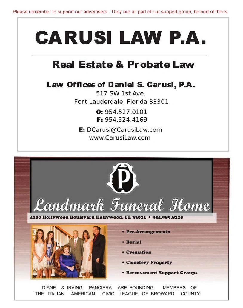 Two local business ads: Carusi Law for real estate and probate, and Landmark Funeral Home services.