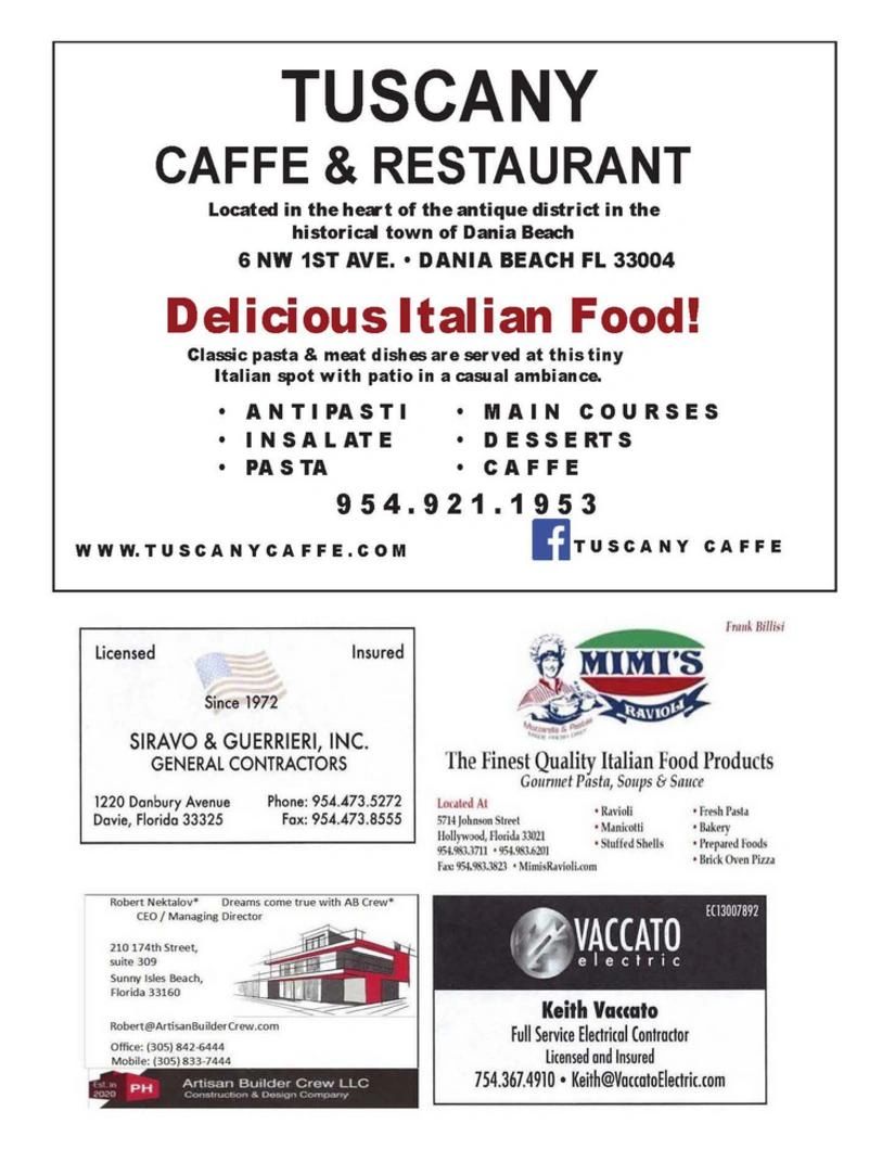 Advertisements for Italian food, contractors, and electrical services in Florida.