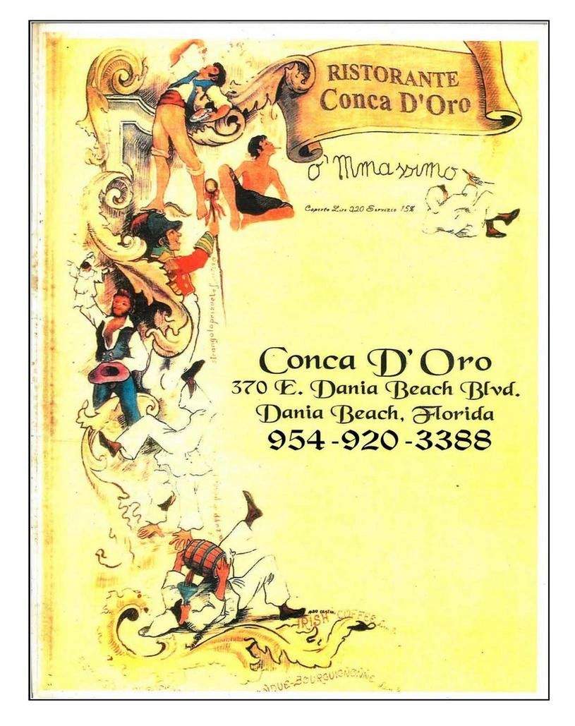 Vintage menu cover for Ristorante Conca D'Oro with playful Italian-themed illustrations.