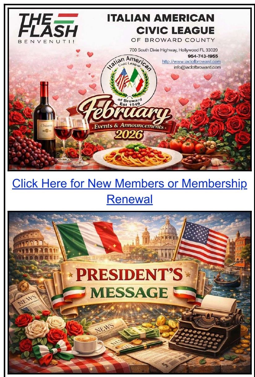 Italian American Civic League's February 2026 events and President's message with Italian and American themes.