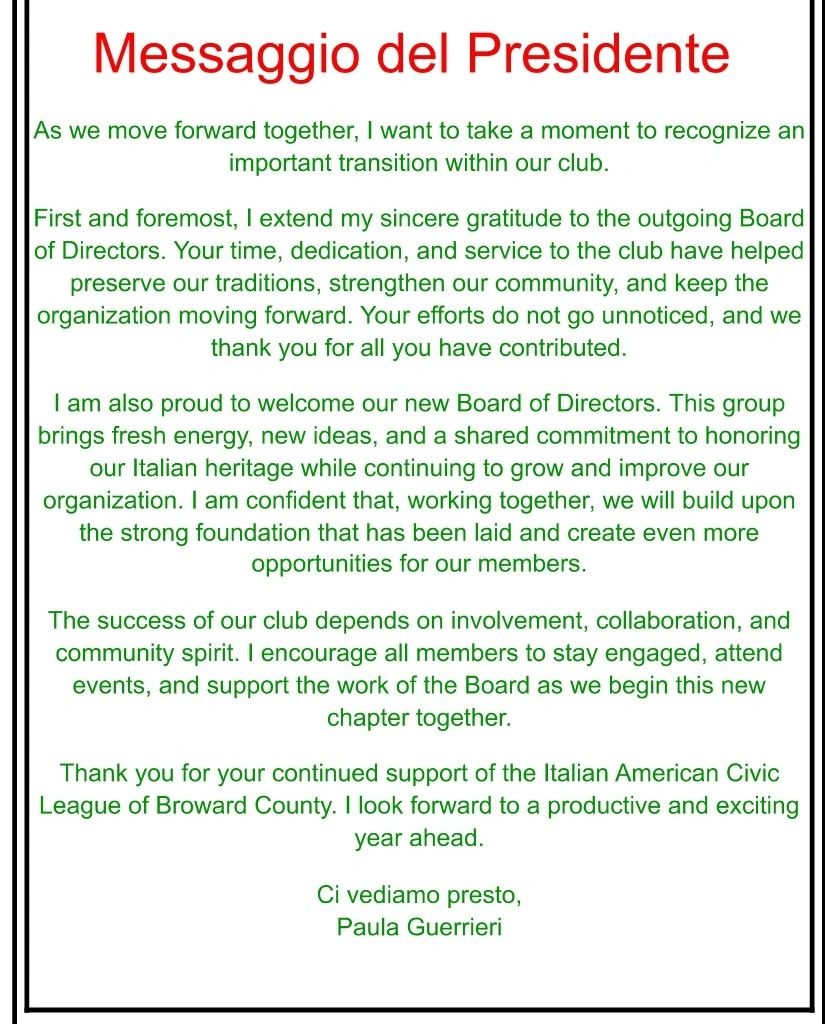 Message from the President thanking the outgoing Board and welcoming the new Board of Directors.