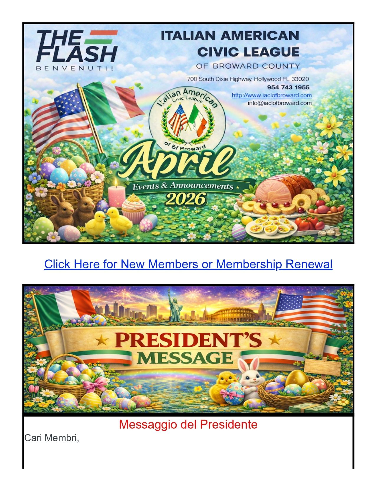 Colorful April 2026 events announcement by Italian American Civic League with flags, Easter eggs, and spring imagery.