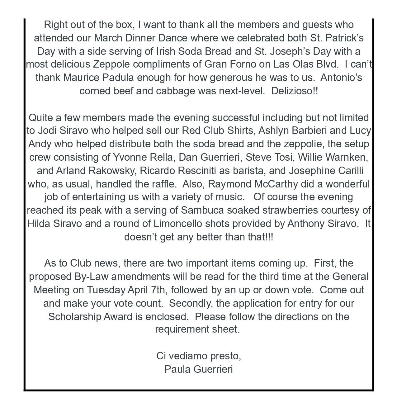 Thank you note for March Dinner Dance and upcoming club events.