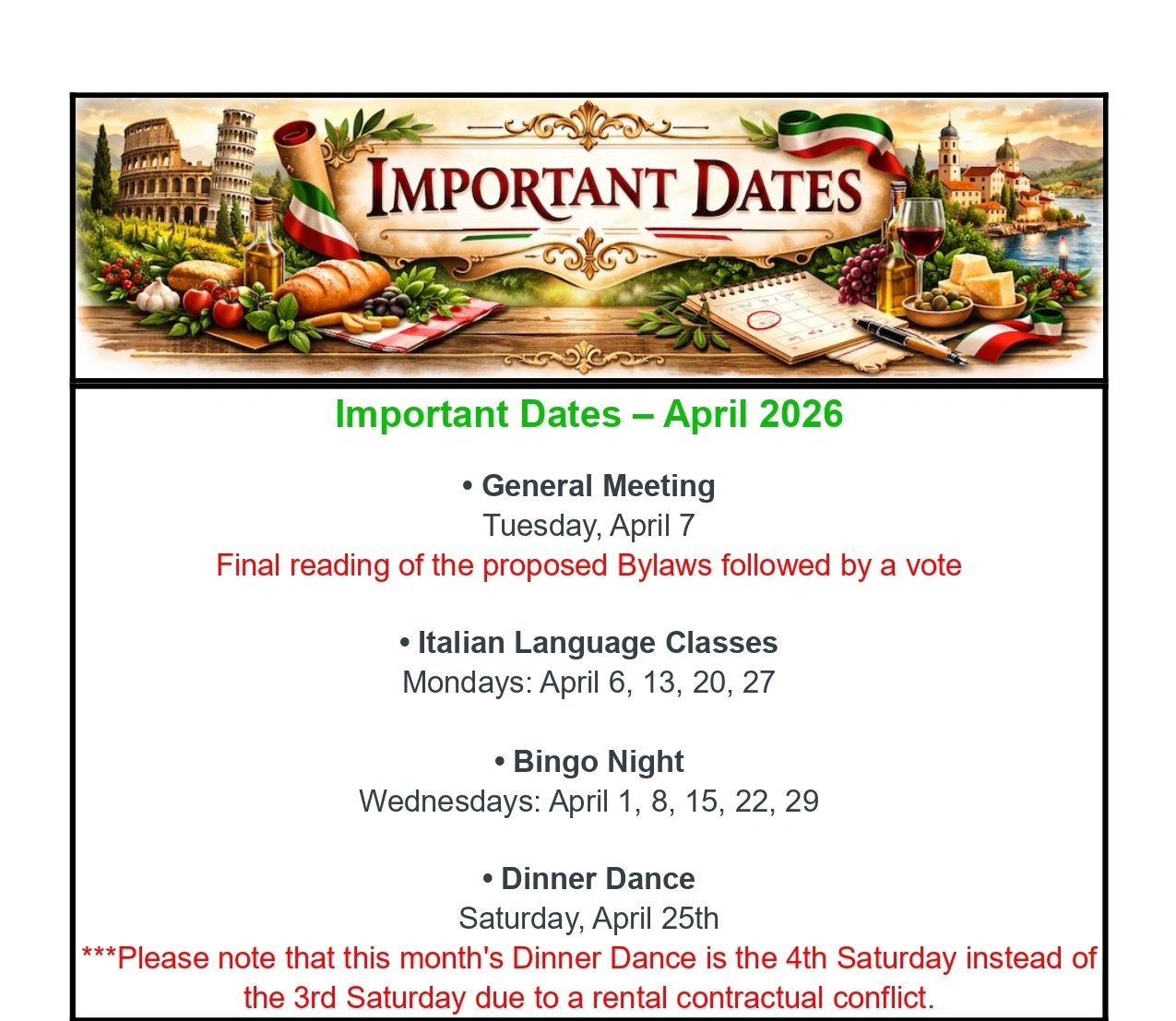 April 2026 important dates including meetings, classes, bingo, and dance events.