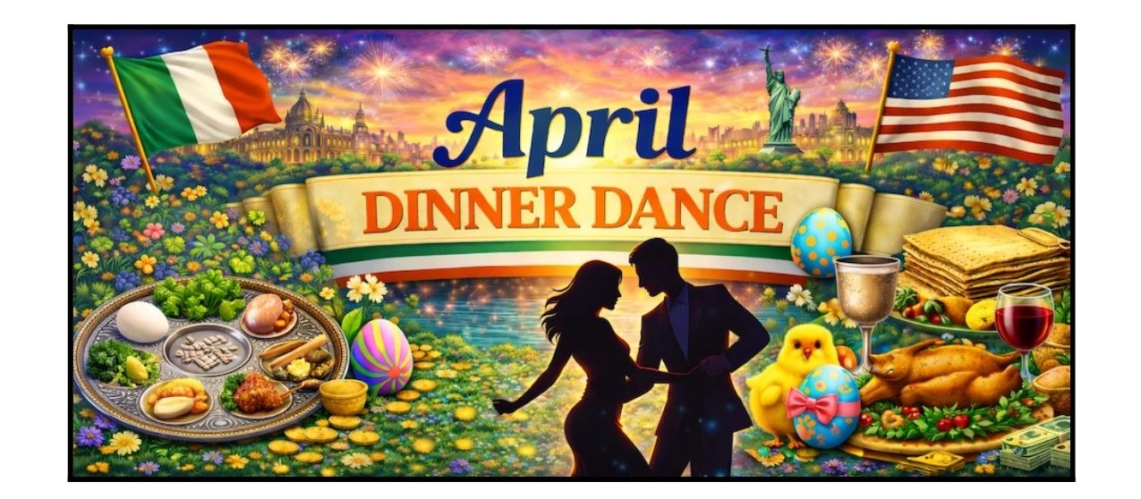 Couple dancing at an April Dinner Dance with Irish and American flags.