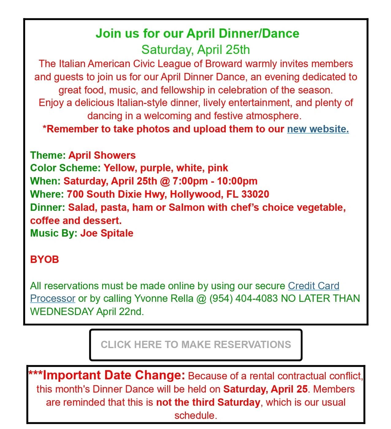Invitation for Italian American Civic League April Dinner/Dance on Saturday, April 25th with food, music, and dancing.