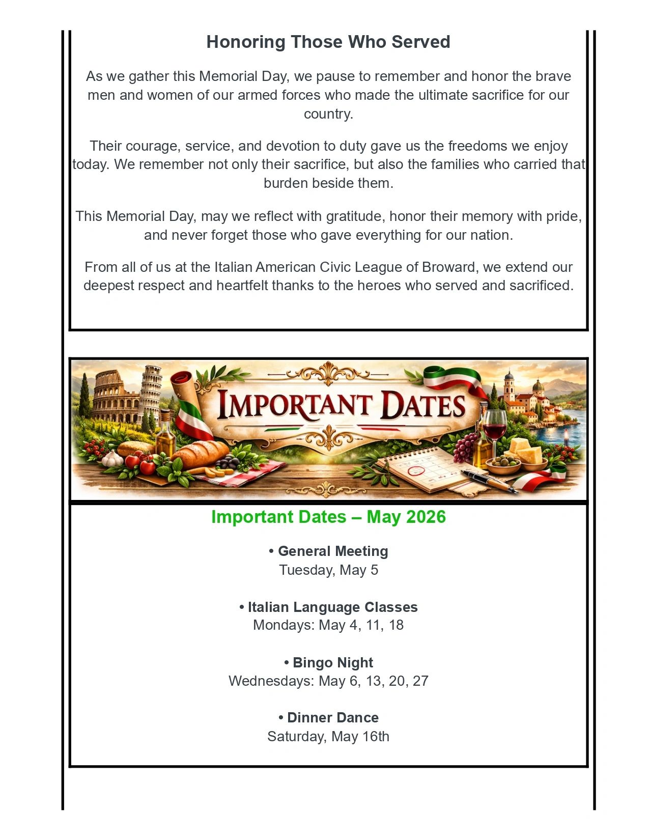 Memorial Day tribute and important May 2026 dates from Italian American Civic League of Broward.