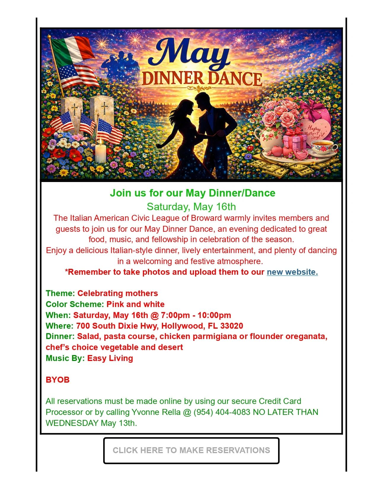 Invitation to a May Dinner Dance celebrating mothers with Italian food, music, and dancing.