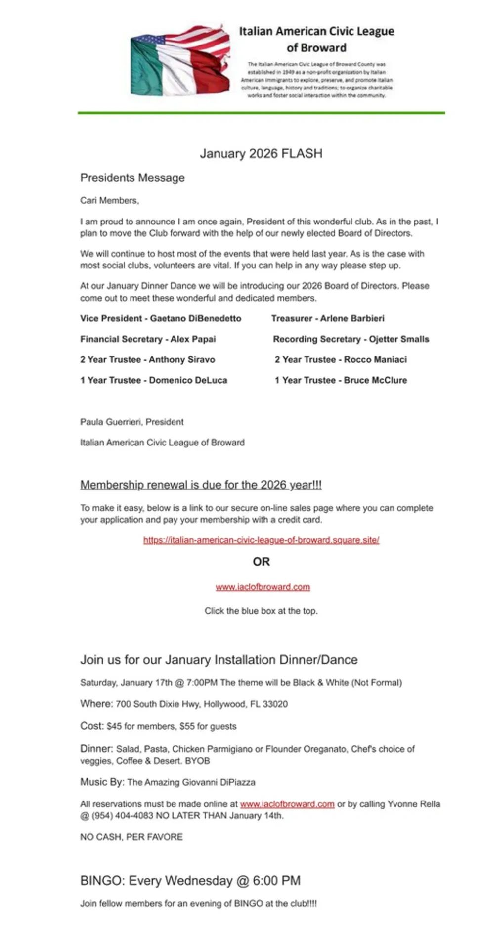 Announcement for Italian American Civic League of Broward's January 2026 events and membership renewal.