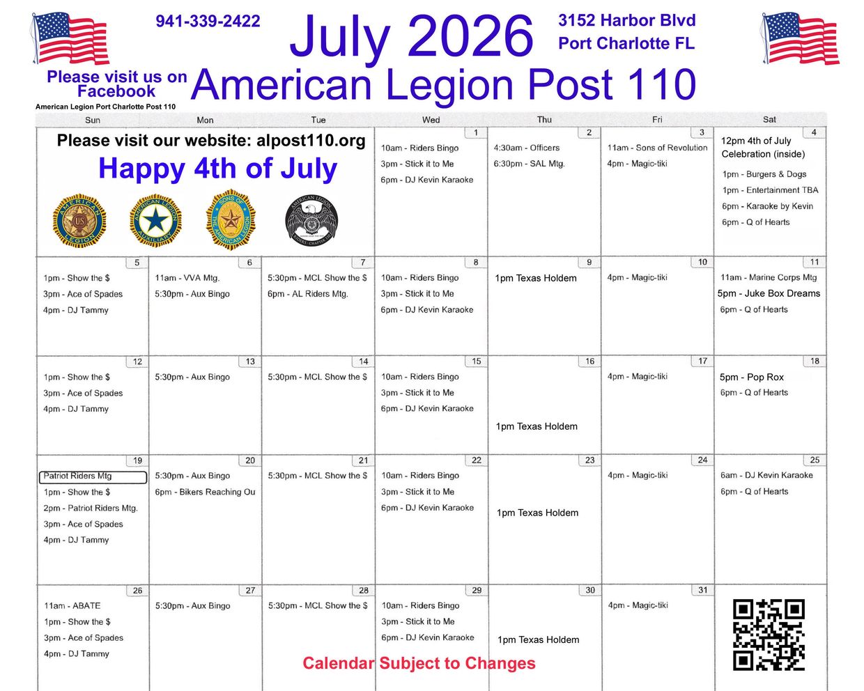American Legion Post 110 July 2026 event calendar with July 4th celebration.