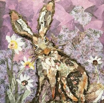 Mixed media collage artwork of a brown hare