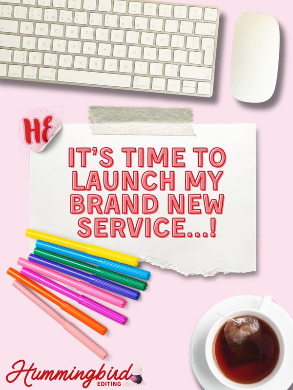 Note announcing a new service launch with colorful pens and tea.