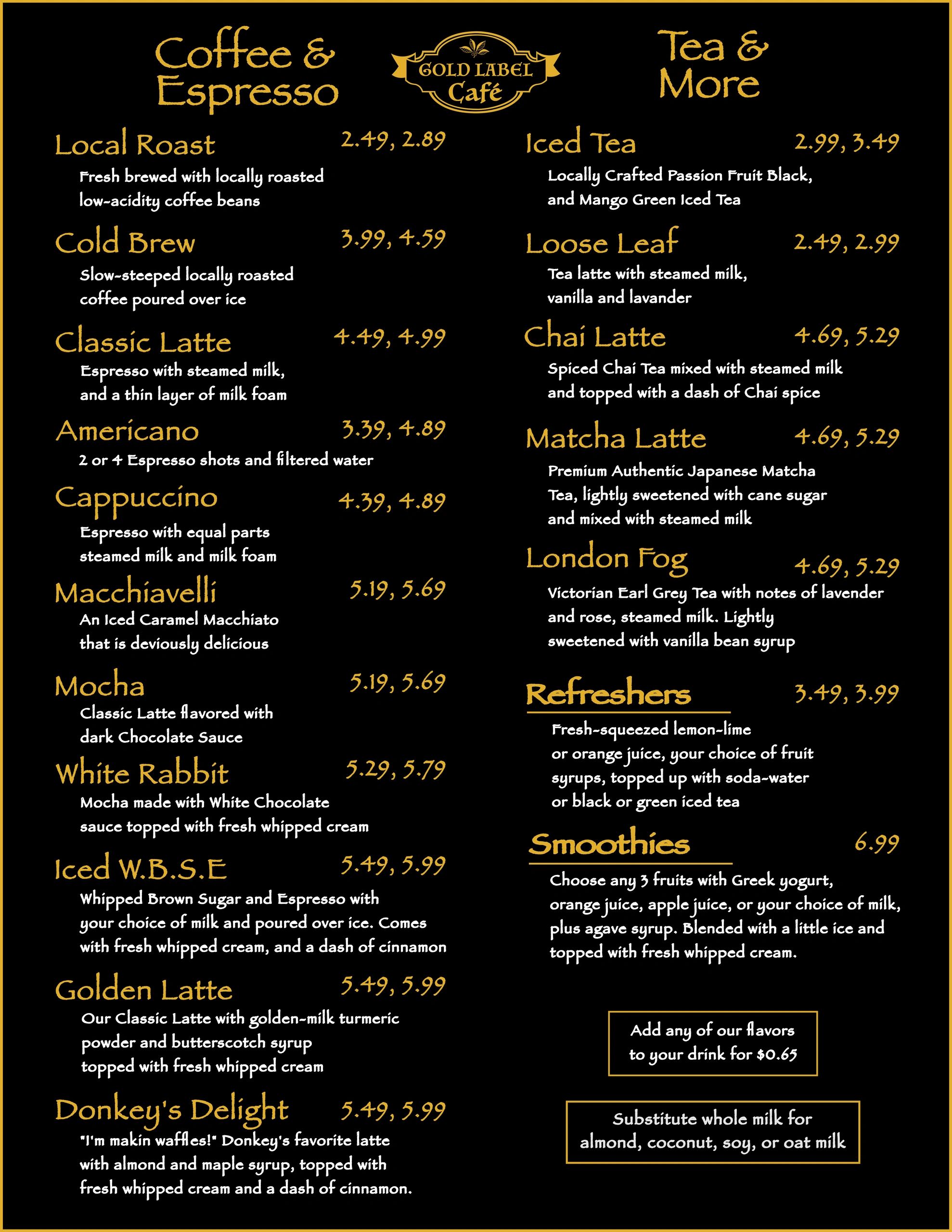 Gold Label Café menu featuring coffee, espresso, tea, refreshers, and smoothies with detailed descriptions and prices.