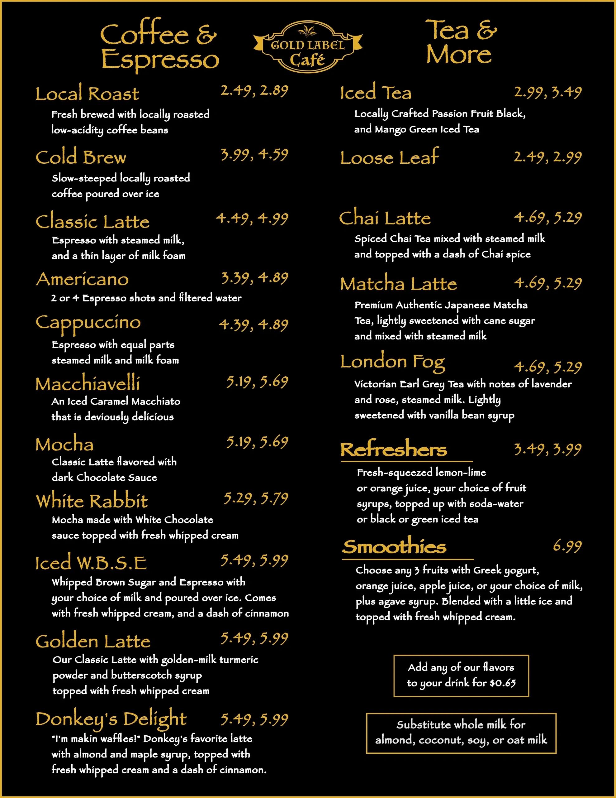 Gold Label Café menu featuring coffee, espresso, tea, refreshers, and smoothies with detailed descriptions and prices.