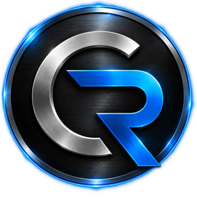Metallic CR logo with blue neon glow.