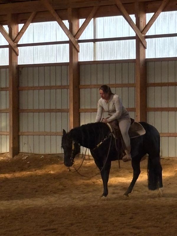 A woman riding a black horse inside an indoor arena.