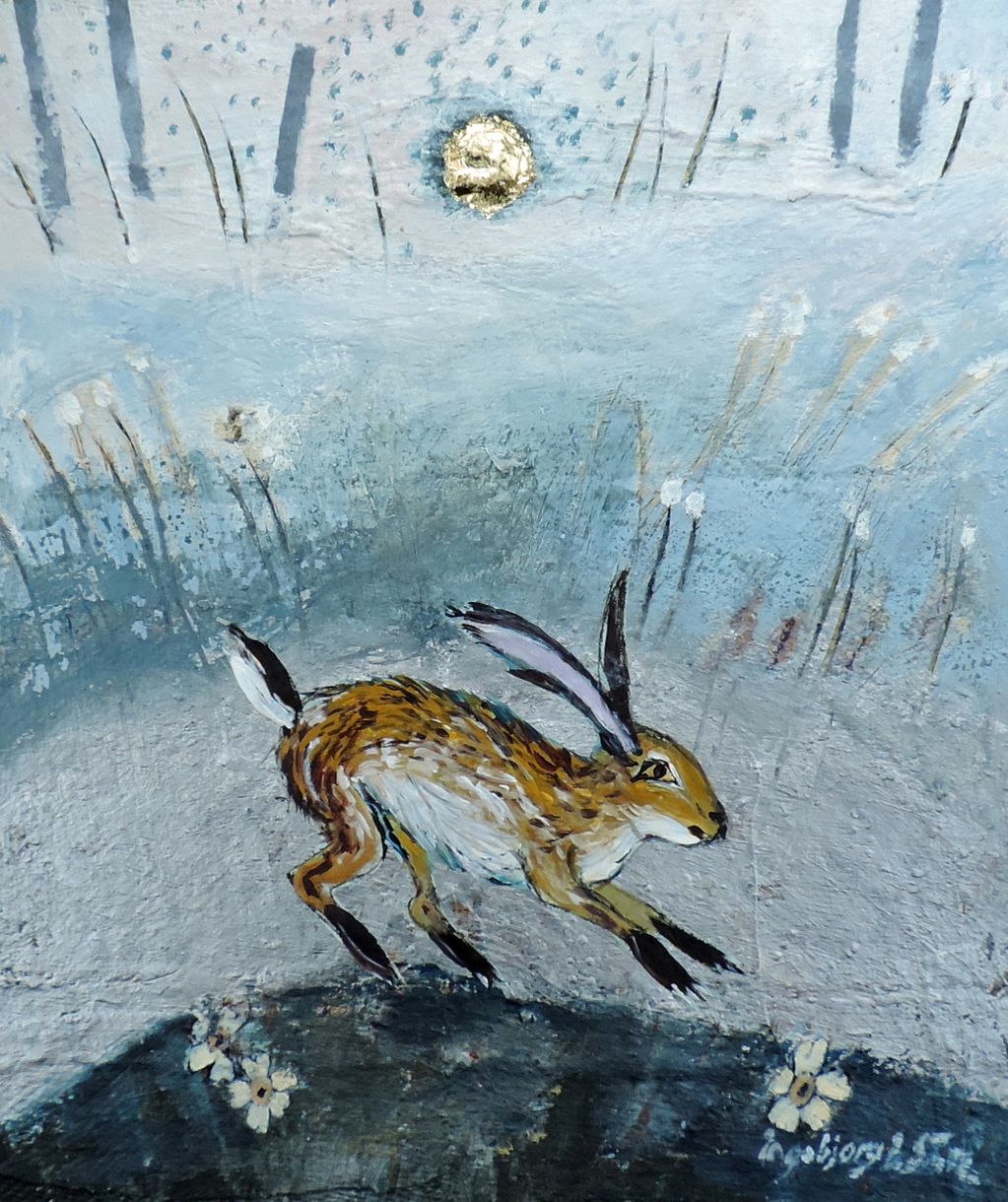 Misty Primrose Hare. Image Size 28x25cm. Silver machine finished frame £250
