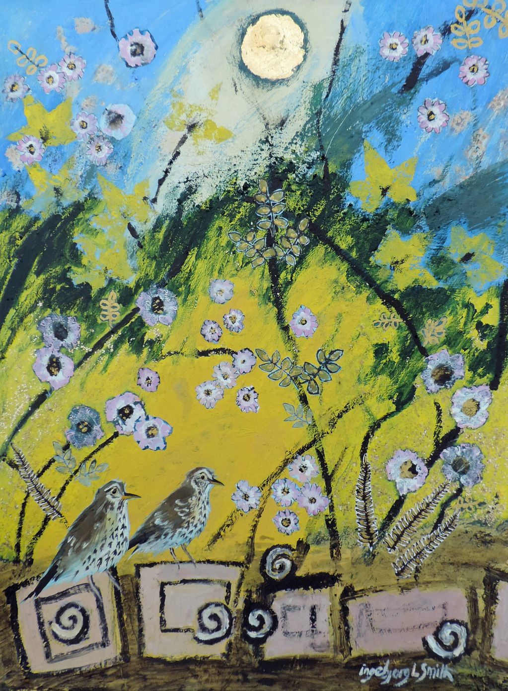 SNAIL GARDEN SONG THRUSHES £800 image size 42x46cm. Dark blue hand finished frame with gold slip. 