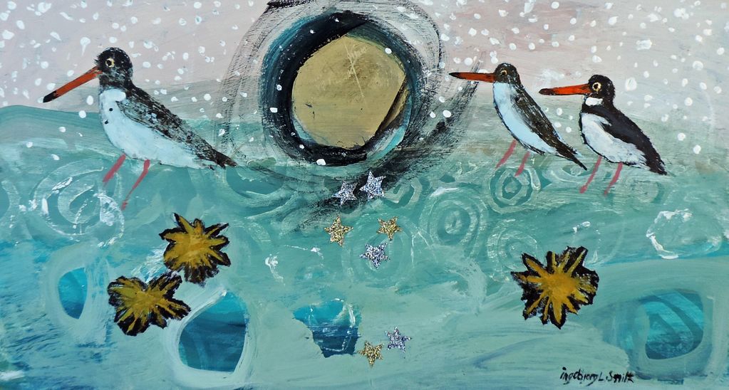 Stormy Puffins. Image size 40x21cm. Dark blue hand finished frame £200 