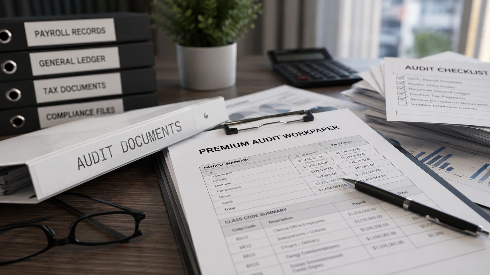 Audit documents and workpapers on a wooden desk.