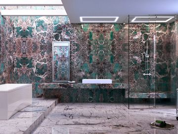 stone slab walls in shower, stone in bathroom, free standing bathtub, custom bathroom stone