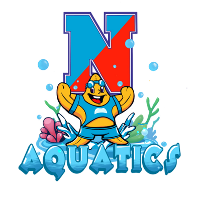 Cheerful fish mascot in swimming gear with a big letter N and aquatic-themed text.