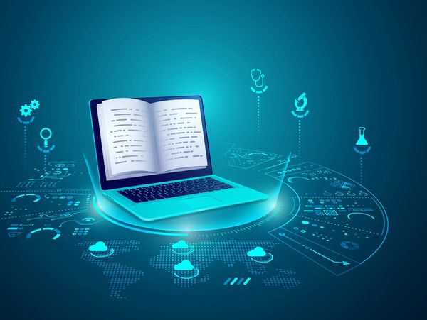 graphic of realistic computer notebook with book's pages as screen